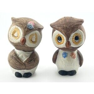 Vtg Owls Salt & Pepper Shakers 2pc Set Ceramic Painted Floral Sweet Grannycore